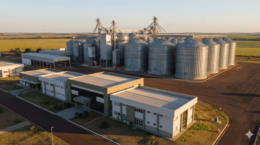 Vista de silos e instalações de uma unidade agroindustrial
