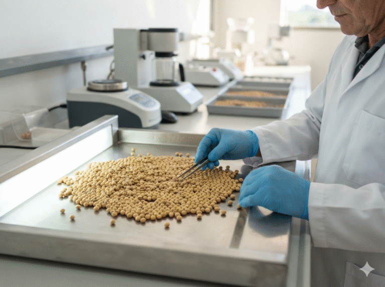 Profissional analisa amostras de grãos em bancada de laboratório