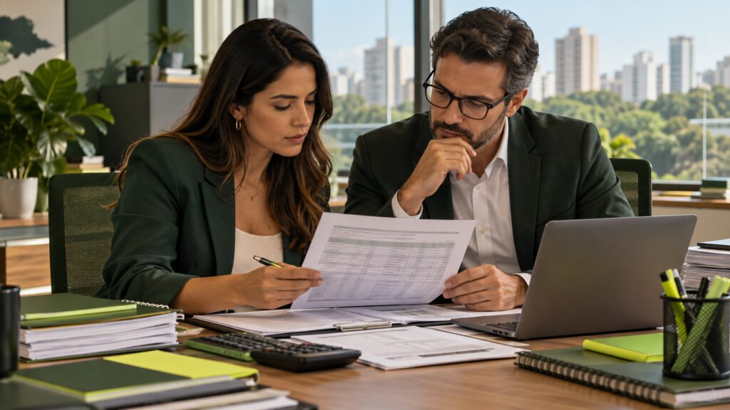 Profissionais conferem documentos de folha de pagamento em escritório. Imagem ilustrativa.
