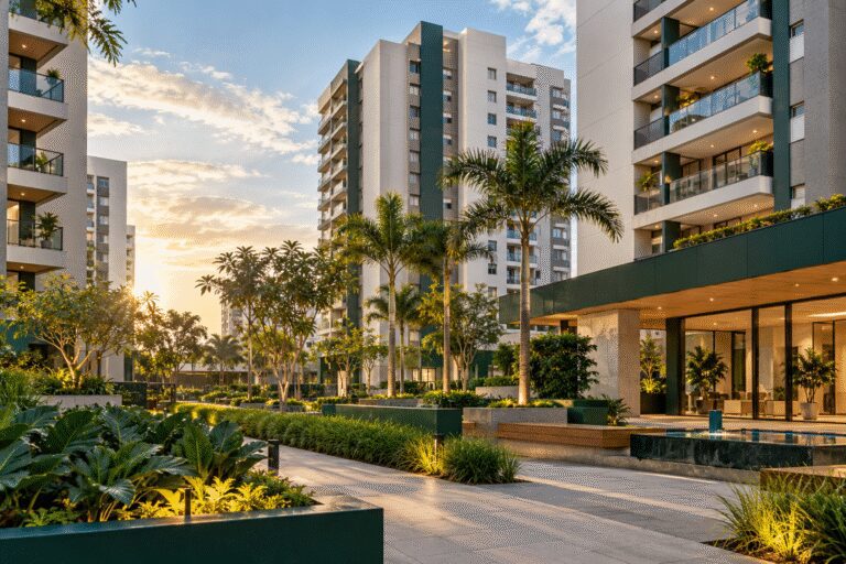 Condomínio residencial com pátio arborizado