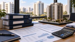 Documentos e maquete de condomínio para preparação da auditoria