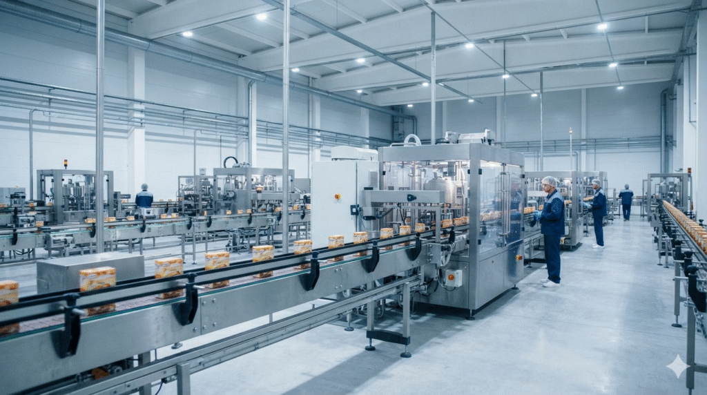 Vista de uma linha de produção industrial com esteiras e operadores
