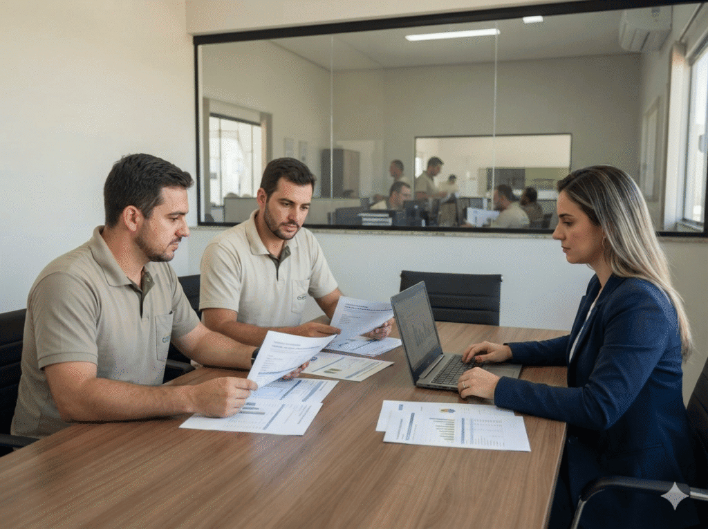 Três profissionais examinam relatórios e notebook em reunião de trabalho