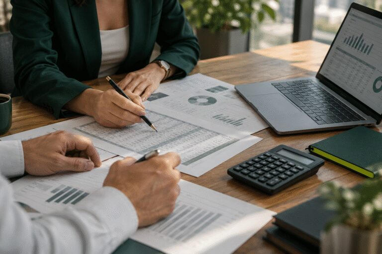 Profissionais discutindo documentos financeiros em reunião