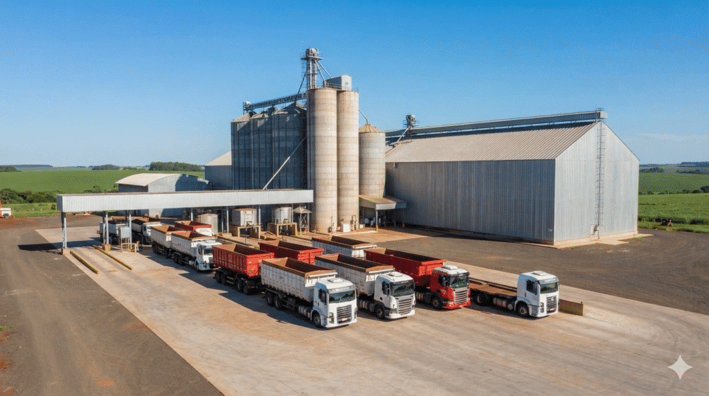 Caminhões junto a silos e unidade de recebimento de grãos